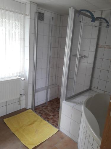 a bathroom with a shower and a sink and a tub at Ferienwohnung Wilke in Lübbenau