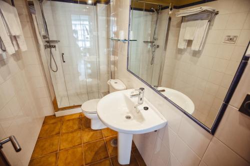 a bathroom with a sink and a toilet and a shower at Hotel El Sella in Cangas de Onís