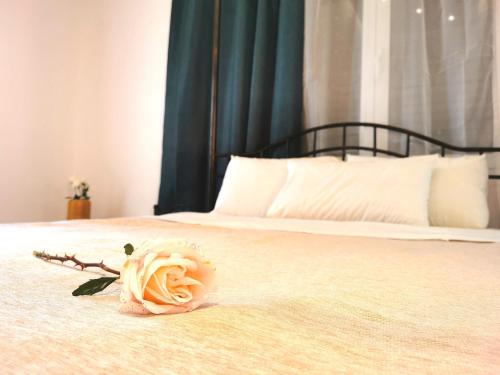 a rose sitting on top of a bed at Villa PANGALIS Romantica in Kato Pavliana