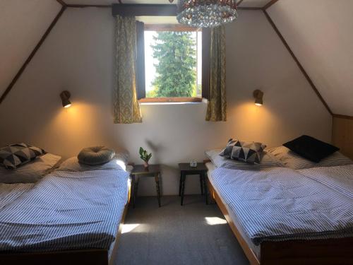 2 łóżka pojedyncze w pokoju z oknem w obiekcie Chata se zahradou w mieście Týnec nad Labem