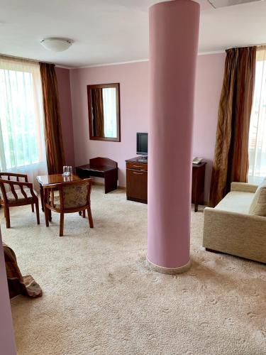 a living room with a large pink pole in a room at Hotel Elena in Veliko Tŭrnovo