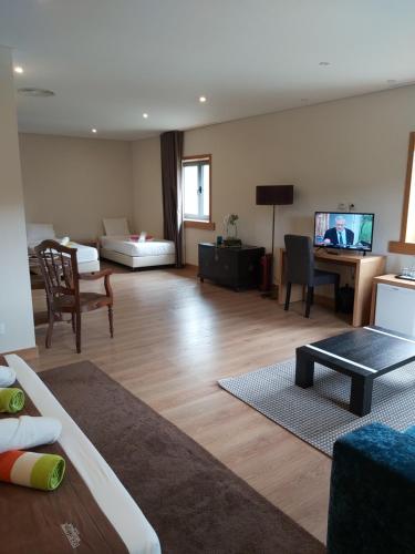 a living room with a couch and a tv at Douro Cister Hotel Resort in Ucanha