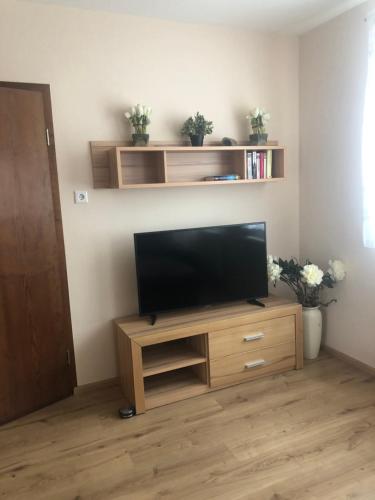 a living room with a flat screen tv on a wooden entertainment center at Ferienwohnung Winkler in Rothenburg ob der Tauber