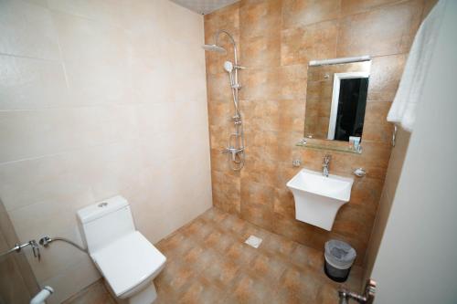 uma casa de banho com um WC, um lavatório e um chuveiro em Star Emirates Downtown em Salalah