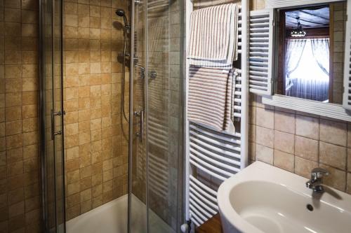 a bathroom with a shower and a sink and a tub at Penzion Sklípek in Staré Splavy