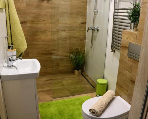 a bathroom with a shower with a toilet and a sink at Gościniec przy Spacerowej in Długołęka