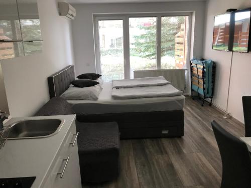 1 dormitorio con 1 cama y lavamanos. en Apartmaji Manita, en Moravske Toplice