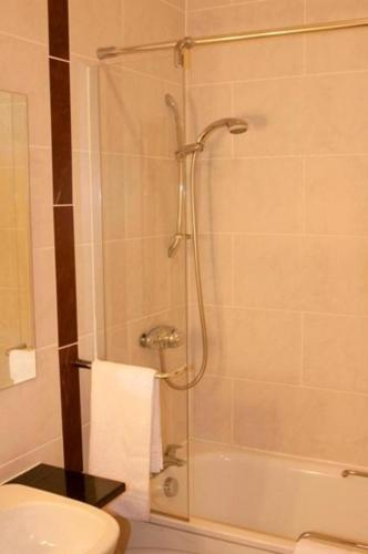 a bathroom with a shower with a toilet and a sink at The Queensgate Hotel in Peterborough