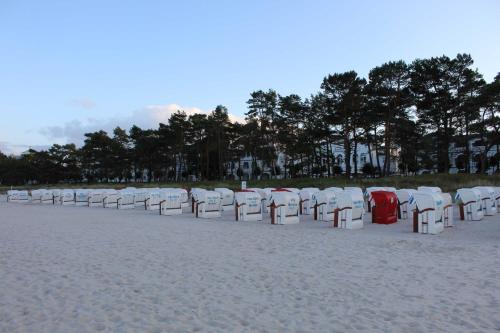 eine Reihe weißer Stühle am Strand in der Unterkunft Villa Elfeld 2 Whg. 717 in Binz