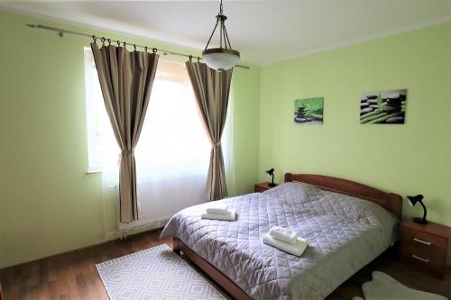 una camera con un letto e una grande finestra di Apartment Fox a Karlovy Vary