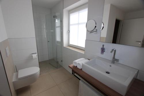 a bathroom with a sink and a toilet and a mirror at Hotel Adler in Bad Friedrichshall