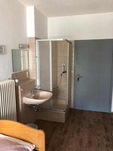 a bathroom with a glass shower with a sink at Hotel Stadt-Lindau in Neu-Ulm