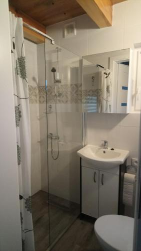 a bathroom with a glass shower and a sink at Apartamenty u Beaty in Rewal