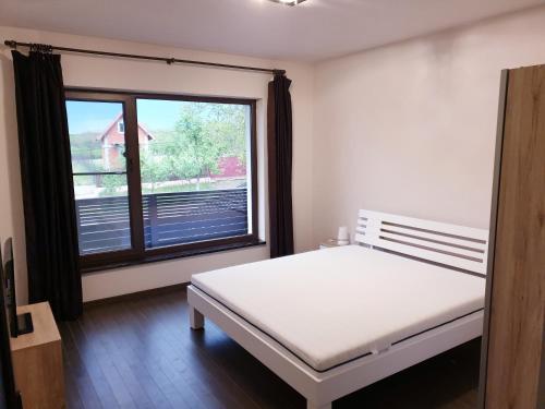 a bedroom with a bed and a large window at Casa din Vie, Piscină Încălzită, întreaga locație la 15min de centrul orașului Oradea in Oradea