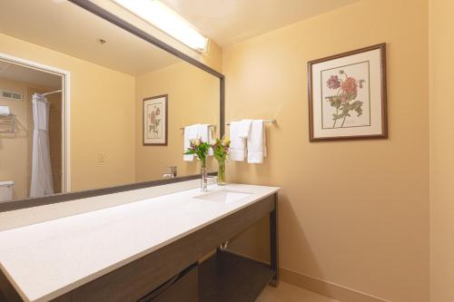 La salle de bains est pourvue d'un lavabo et d'un grand miroir. dans l'établissement Coast Wenatchee Center Hotel, à Wenatchee