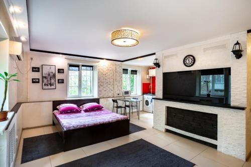 un salon avec un lit et une cheminée dans l'établissement Studio - Koshevogo Street, à Mykolaïv