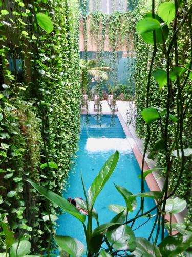a pool in the middle of a garden with plants at Palmarena Rooms & Residences - Long Stay Comfort with Parking, Sauna, Gym & Pool - Steps from 5th Avenue in Playa del Carmen