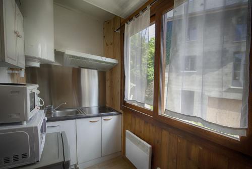 エクスレバンにあるT1 situé à 100 m des thermesの窓、シンク、電子レンジ付きのキッチンが備わります。
