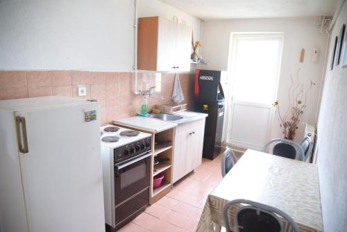 a kitchen with a white refrigerator and a stove top oven at Petrograd in Bitola