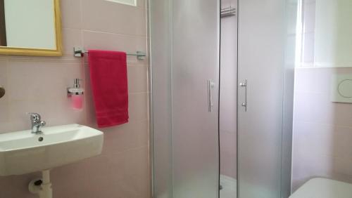 La salle de bains est pourvue d'une douche en verre et d'un lavabo. dans l'établissement Rekreačné zariadenie Chmelisko, à Pružina