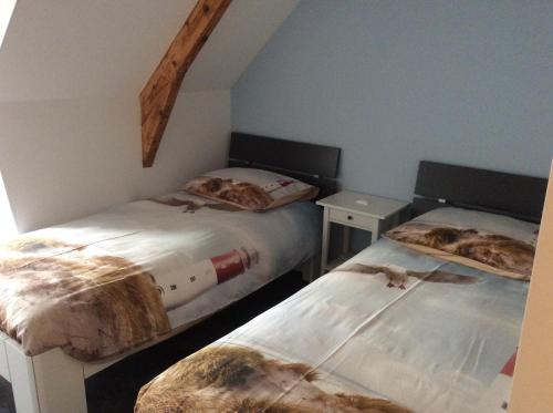 two twin beds in a room with a attic at de Bloemenhof in Ouddorp