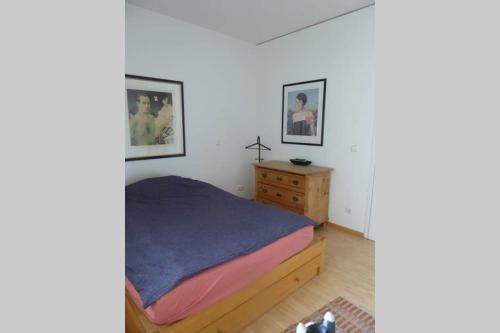 1 dormitorio con 1 cama, vestidor y 2 fotografías en Im Herzen von Aschaffenburg en Aschaffenburg