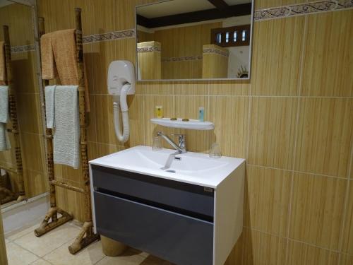 a bathroom with a sink and a mirror at Hôtel Atiapiti in Opoa
