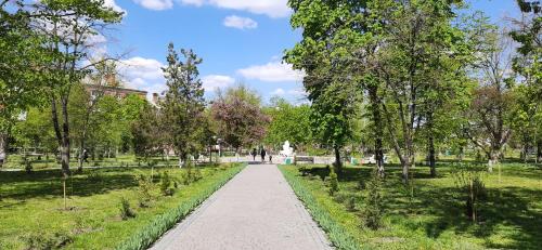 a path in a park with trees and a building at Квартира біля центральної площі Перспективна 22 in Oleksandriya