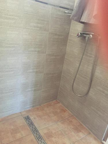 La salle de bains est pourvue d'une douche avec un tuyau. dans l'établissement Bungalow Park, à Szentendre