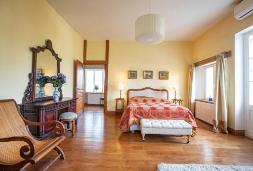 una camera da letto con un letto, uno specchio e una sedia di Maison de village -8 pers- Piscine chauffée & cuisine d'été en Gascogne a Mézin