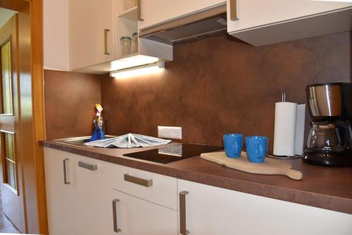 a kitchen with a counter with blue cups on it at Haus Christina in Weissensee