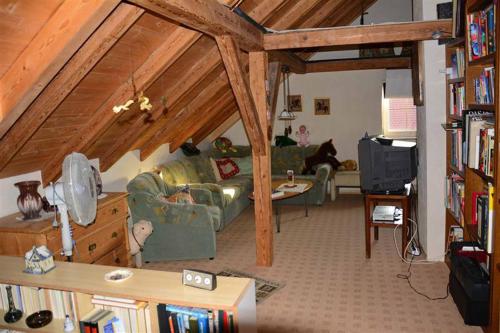 a living room with a couch and a tv in a attic at Ferienwohnung Leich in Diedorf