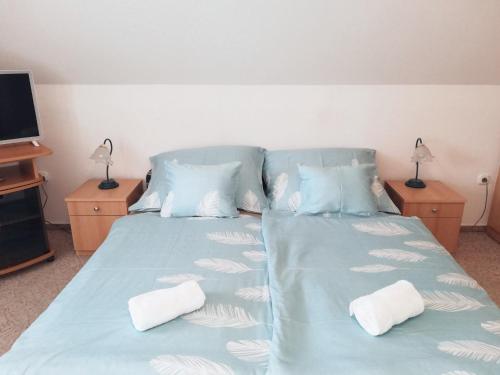 a bedroom with two beds with blue sheets and white pillows at St.Flórián Apartman in Keszthely