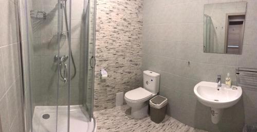 a bathroom with a shower and a toilet and a sink at Авиатик in Zhytomyr