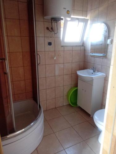 uma casa de banho com um chuveiro, um WC e um lavatório. em Agroturystyka Domki Eden em Sarbinowo
