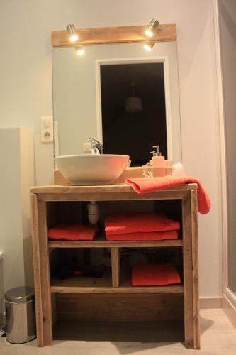a bathroom vanity with a sink and a mirror at Chambres d'Hotes Noir Lion in Péronne
