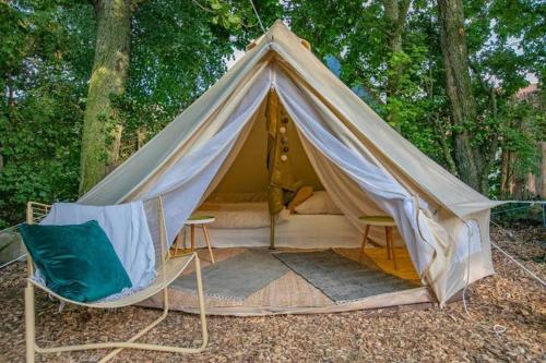 a tent with chairs and a bed in the woods at Into the Green Glamping - Oak in Markt Nordheim