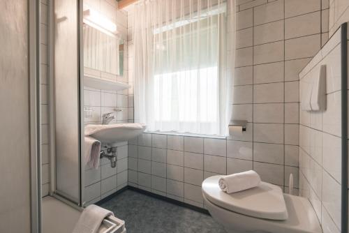 a white bathroom with a toilet and a sink at Salaterhof Embach in Lend