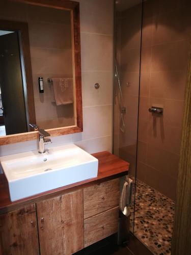 a bathroom with a white sink and a shower at Hotel Ehrwalderhof in Ehrwald