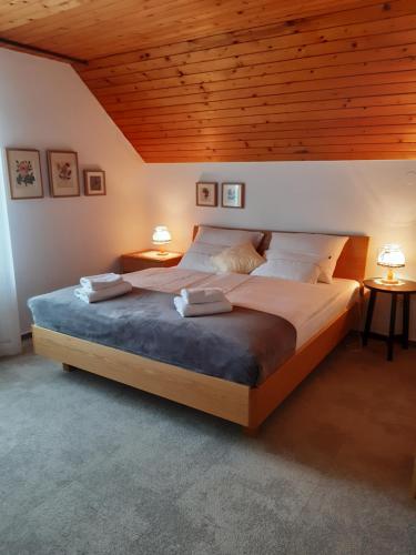 a bedroom with a large bed with two lamps on tables at SOBE U SIRRC in Bled