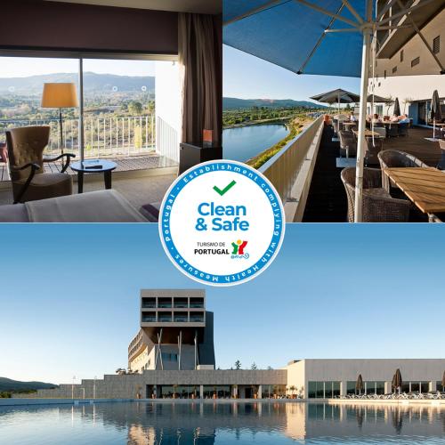 a collage of three pictures of a building and a river at Hotel Casino Chaves in Chaves