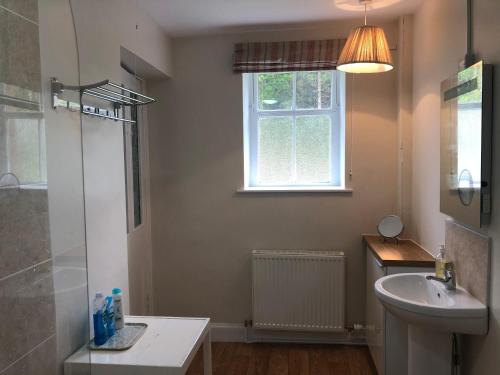 a bathroom with a shower and a sink and a window at Laundry Cottage in Dumfries