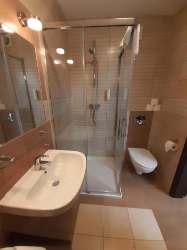 uma casa de banho com um chuveiro, um lavatório e um WC. em Apartamenty Aquarius z Aquacenter em Kolobrzeg