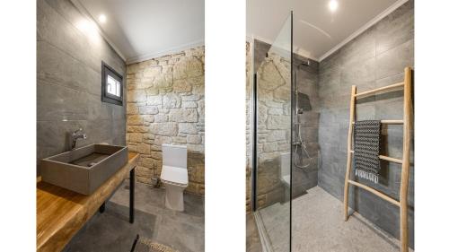two views of a bathroom with a stone wall at "Four Olives" Luxury Rooms, Afitos #FeelsLikeHome in Afitos
