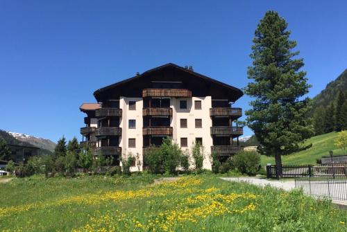 an apartment building with balconies and a field of flowers at 2-Zimmer Ferienwohnung Bünda in Davos