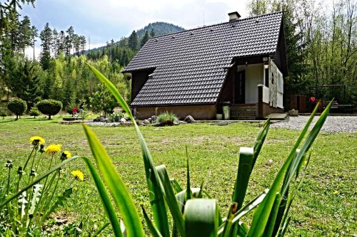 a small house in a field next to a house at Chata Bačova skala in Liptovský Ján