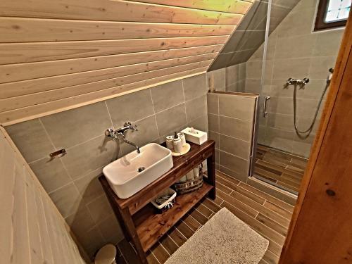 a bathroom with a sink and a shower at Chata Bačova skala in Liptovský Ján
