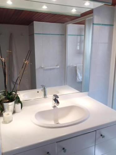 une salle de bain avec un lavabo et un grand miroir dans l'établissement Le petit coin plage, à Capbreton