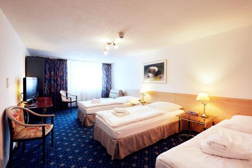 ヴィースバーデンにあるRing Hotelのベッド3台とテレビが備わるホテルルームです。