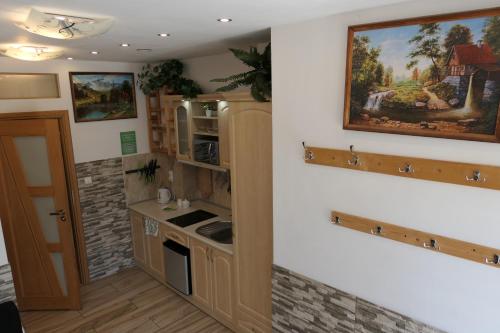 a kitchen with a painting on the wall at Apartamenty u Łukasza in Zakopane